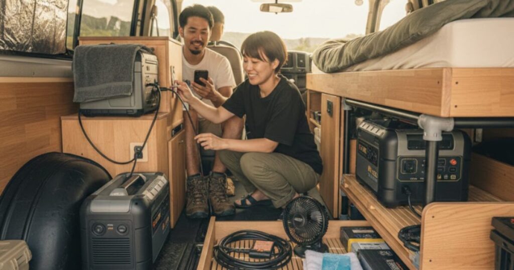 ハイエースのポータブル電源の置き場所は？安全な固定と自作の工夫