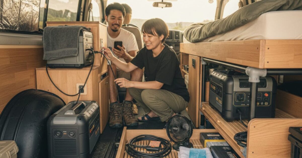 ハイエースのポータブル電源の置き場所は？安全な固定と自作の工夫