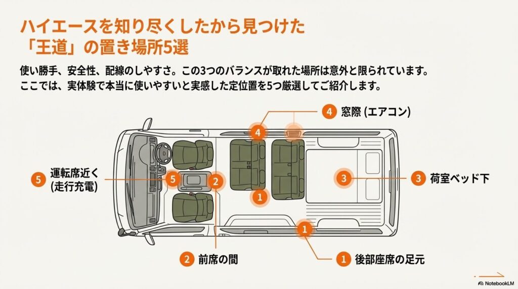 快適なハイエースのポータブル電源の置き場所を見つける
